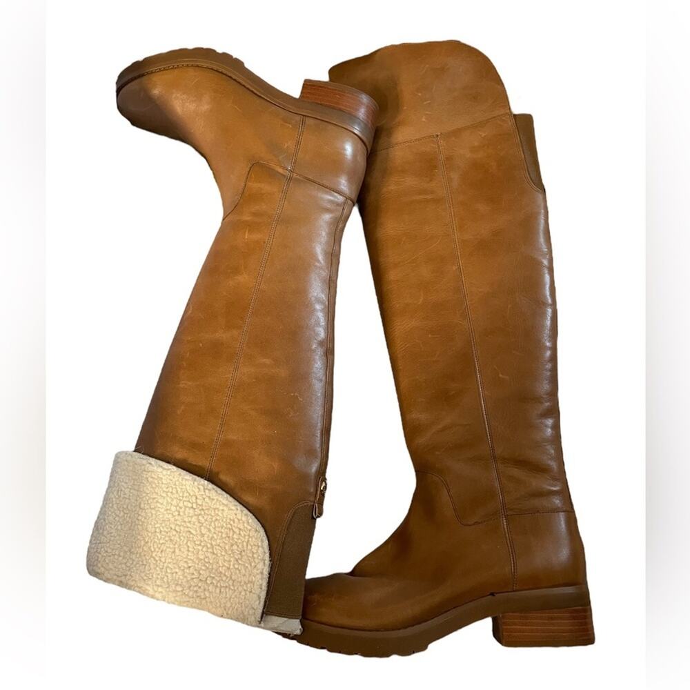 NWT Michael Kors Boots 7M Whitaker Tall Leather Zip Faux Shear Foldable Caramel - Picture 2 of 8